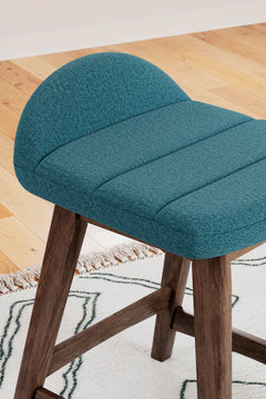 blue and brown upholstered counter stools, upholstery and seat detail - 21