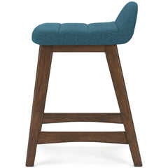 blue and brown upholstered counter stools, single stool side profile - 23