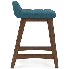 blue and brown upholstered counter stools, single stool opposite side profile - 24