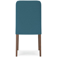 blue and brown upholstered dining chairs, single chair rear view - 20