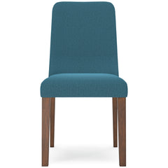blue and brown upholstered dining chairs, single chair front view - 22
