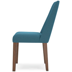 blue and brown upholstered dining chairs, single chair side profile - 23