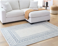 Blue Ivory and Gray Hand-Tufted Wool Border Area Rug, smaller size in a styled room; other items not included - 2
