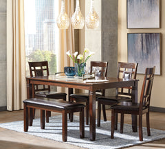 Brown / 6-Piece Dining Set: Table + 4 Chairs + Bench, product view 2; includes 1 table, 4 chairs, 1 bench; decorative accessories and other furniture excluded - 2