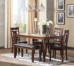 Brown / 6-Piece Dining Set: Table + 4 Chairs + Bench, product view 3; includes 1 table, 4 chairs, 1 bench; decorative accessories and other furniture excluded - 3