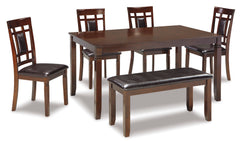 Brown / 6-Piece Dining Set: Table + 4 Chairs + Bench, product view 4; includes 1 table, 4 chairs, 1 bench; decorative accessories and other furniture excluded - 4