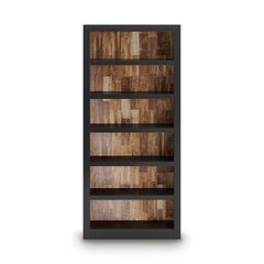 Front view of six-shelf black bookcase with brown patterned back - 4