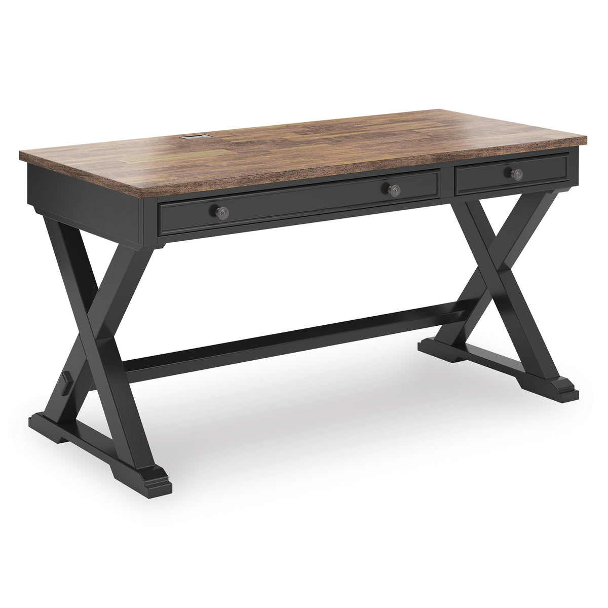 Brown and black farmhouse desk, angled view