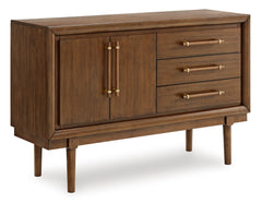 Brown mid-century dining sideboard, front angle with doors closed - 1