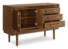 Brown mid-century dining sideboard, open cabinet and drawers - 2