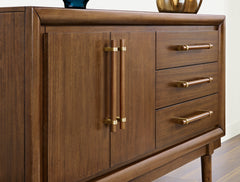 Brown mid-century dining sideboard, door and drawer handle detail - 4