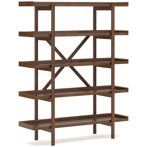56-Inch Wide Brown Mid-Century Bookcase with Five Shelves