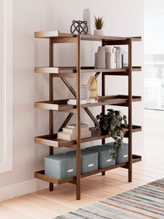 Brown open-frame five-shelf bookcase — styled display with books and accessories not included - 2