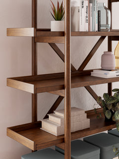 Brown open-frame five-shelf bookcase — fixed shelf and wood-tone finish detail - 3