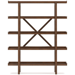 Brown open-frame five-shelf bookcase — front view - 4