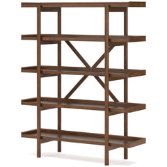 Brown open-frame five-shelf bookcase — opposite front angle - 5