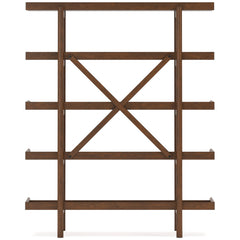Brown open-frame five-shelf bookcase — rear view - 6