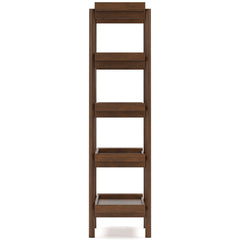 Brown open-frame five-shelf bookcase — side view - 7