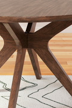 45-inch round brown dining table, wood base detail - 2