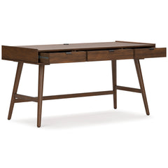 Brown mid-century desk with three drawers — drawers open - 3