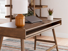 Brown mid-century desk with three drawers — rear cord-management detail - 5