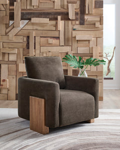 Brown Upholstered Accent Chair with Natural Wood Legs, room setting - 2