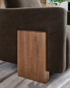 Brown Upholstered Accent Chair with Natural Wood Legs, wood leg detail - 6