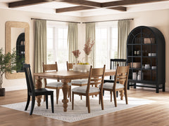 Brown / Black / Table + 4 Brown Tall-Back Cushioned Dining Chairs + 2 Black Wood Dining Chairs, product view 2; includes table + 4 brown tall-back cushioned dining chairs + 2 black wood dining chairs; display cabinets and decorative accessories excluded - 93