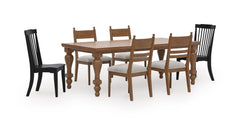 Brown / Black / Table + 4 Brown Tall-Back Cushioned Dining Chairs + 2 Black Wood Dining Chairs, product view 3; includes table + 4 brown tall-back cushioned dining chairs + 2 black wood dining chairs; display cabinets and decorative accessories excluded - 94