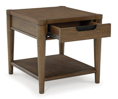 Brown Wood-Look End Table with Drawer and Open Shelf, open angle view; accessories excluded - 2