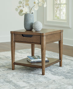 Brown Wood-Look End Table with Drawer and Open Shelf, room setting; accessories excluded - 8