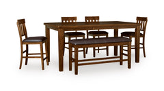 Medium Brown / Table + 4 Fixed Counter Stools + Bench, product view 1; includes 1 table; 4 fixed counter stools; 1 bench; other furniture and accessories excluded - 23