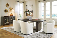 Burnished Brown / Off White / Table + 6 Caster Armchairs, product view 1; includes table + 6 caster armchairs; servers cabinets and decorative accessories excluded - 34