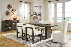 Burnished Brown / Off White / Table + 4 Wood-Frame Side Chairs + 2 Tall Upholstered Side Chairs, product view 1; includes table + 4 wood-frame side chairs + 2 tall upholstered side chairs; servers cabinets and decorative accessories excluded - 36