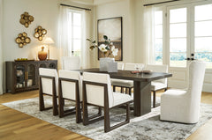Burnished Brown / Off White / Table + 6 Wood-Frame Side Chairs + 2 Tall Upholstered Side Chairs, product view 1; includes table + 6 wood-frame side chairs + 2 tall upholstered side chairs; servers cabinets and decorative accessories excluded - 38