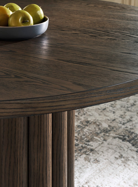 Burnished Brown Round Dining Table with Reeded Base and Chair Options