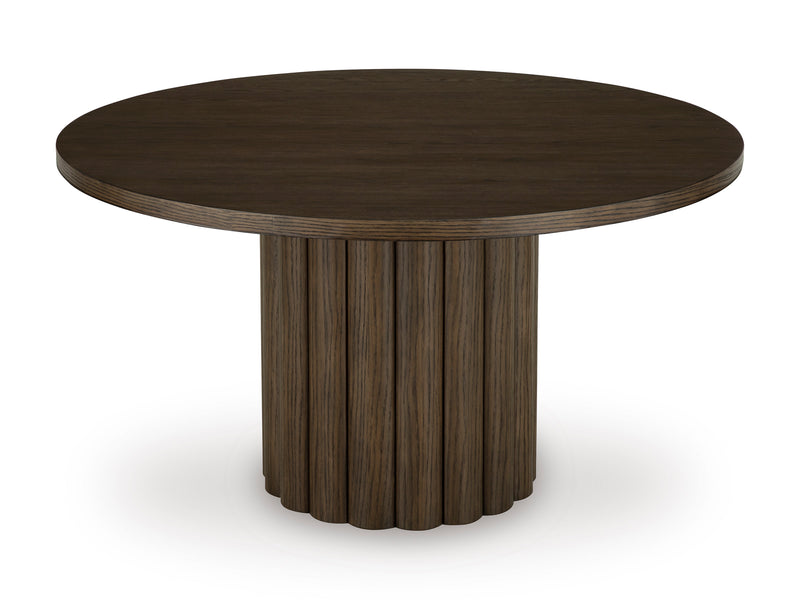 Burnished Brown Round Dining Table with Reeded Base and Chair Options