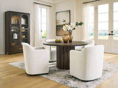 Burnished Brown / Off White / Table + 4 Caster Armchairs, product view 1; includes table + 4 caster armchairs; servers cabinets and decorative accessories excluded - 20