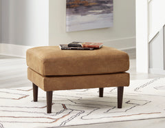 30-Inch Caramel Faux Leather Ottoman with Faux Wood-Finish Legs, room setting; accessories excluded - 5