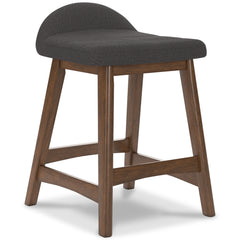 charcoal and brown upholstered counter stools, single stool front angle - 11