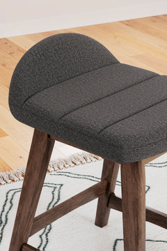 charcoal and brown upholstered counter stools, upholstery and seat detail - 13