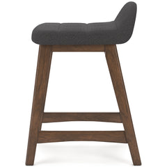 charcoal and brown upholstered counter stools, single stool side profile - 15