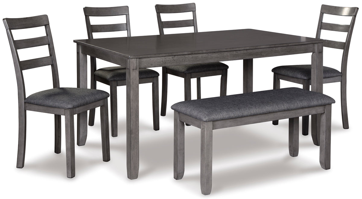 Gray / 6-Piece Dining Set: Table + 4 Chairs + Bench, product view 1; includes 1 table, 4 chairs, 1 bench; decorative accessories and other furniture excluded