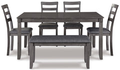 Gray / 6-Piece Dining Set: Table + 4 Chairs + Bench, product view 4; includes 1 table, 4 chairs, 1 bench; decorative accessories and other furniture excluded - 4