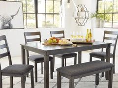 Gray / 6-Piece Dining Set: Table + 4 Chairs + Bench, product view 5; includes 1 table, 4 chairs, 1 bench; decorative accessories and other furniture excluded - 5