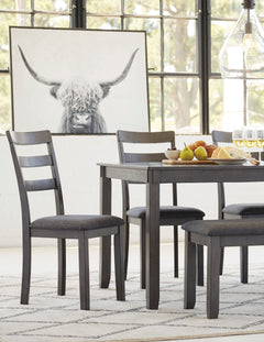 Gray / 6-Piece Dining Set: Table + 4 Chairs + Bench, product view 6; includes 1 table, 4 chairs, 1 bench; decorative accessories and other furniture excluded - 6