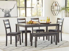 Gray / 6-Piece Dining Set: Table + 4 Chairs + Bench, product view 8; includes 1 table, 4 chairs, 1 bench; decorative accessories and other furniture excluded - 8