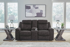 Charcoal LED Manual Reclining Seating, console loveseat room setting with lighting off; accessories excluded - 8