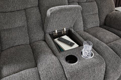 Charcoal Performance Fabric Reclining Seating, loveseat cup holders and concealed storage detail - 16
