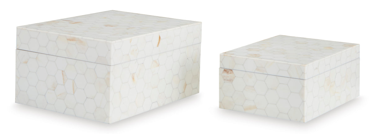 Cream Hexagon-Mosaic Decorative Boxes — Set of 2, two boxes with lids closed